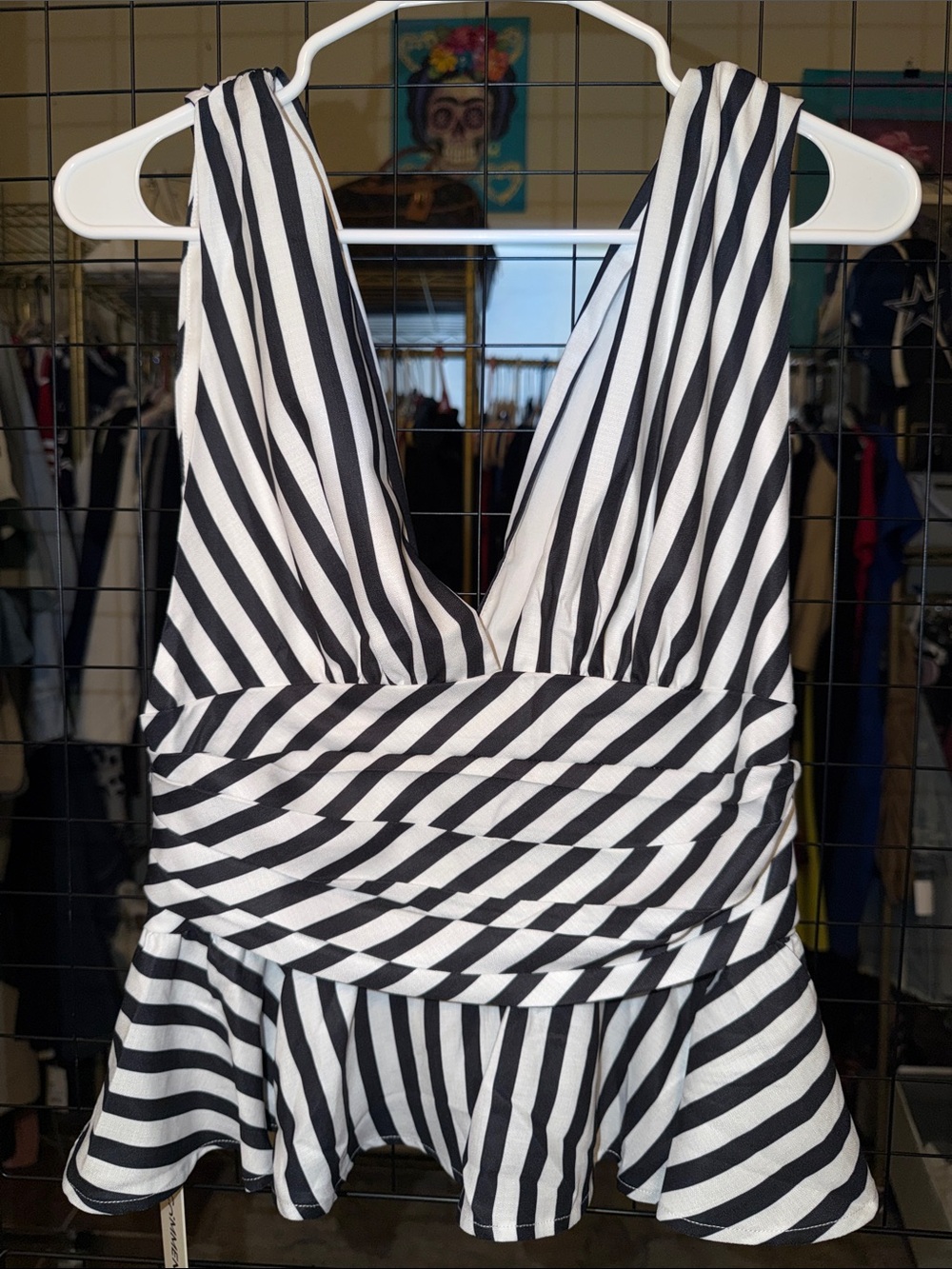 Commense Black and White Striped One-Piece Swim with Peplum